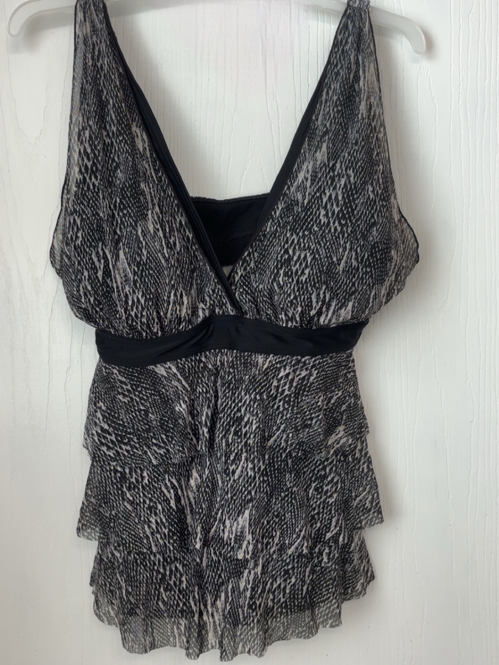 Mazu Swim Black & White Tiered Swimsuit Top Only with V-Neck